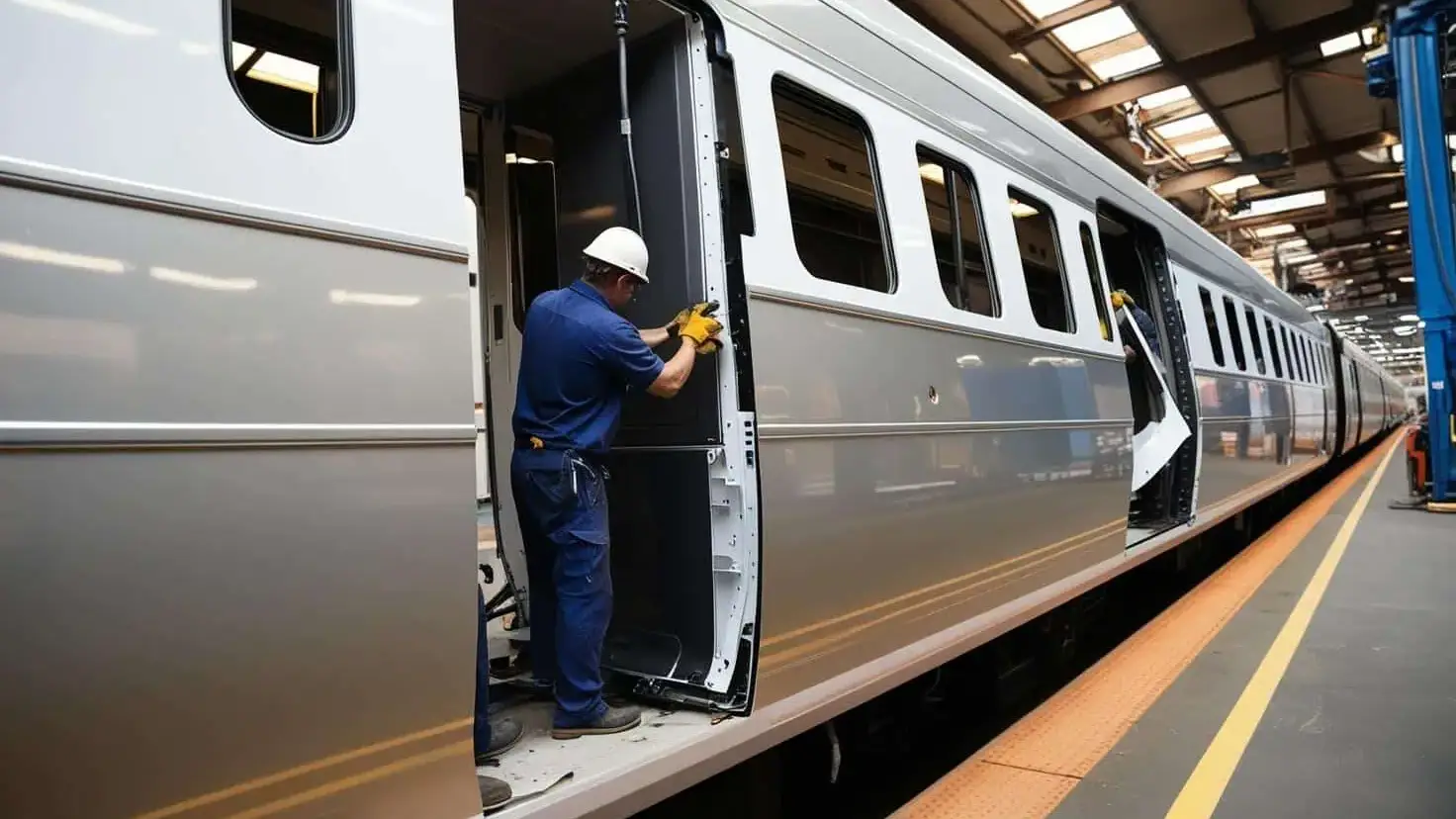 Exterior panel being taken off train