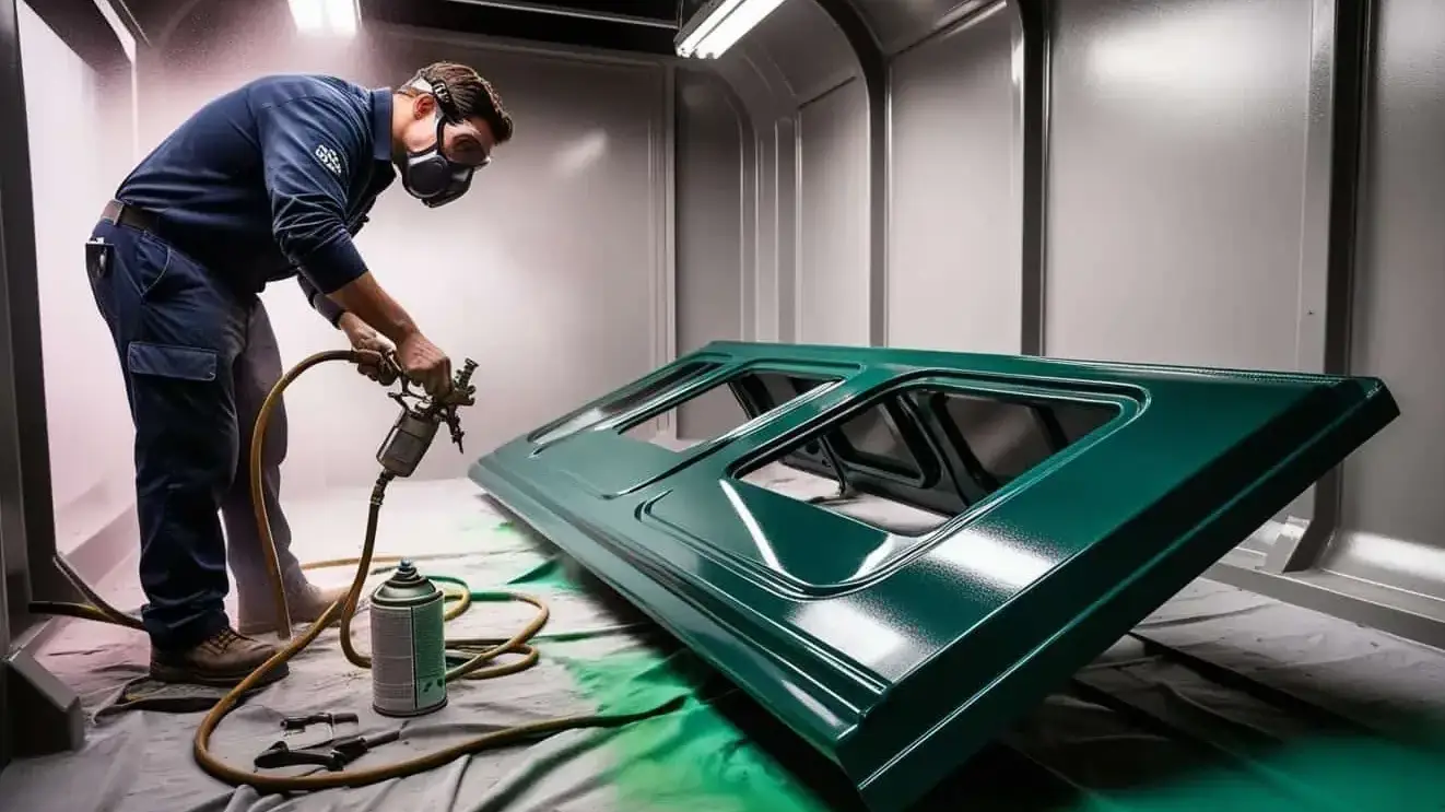 Train window being painted in paint booth