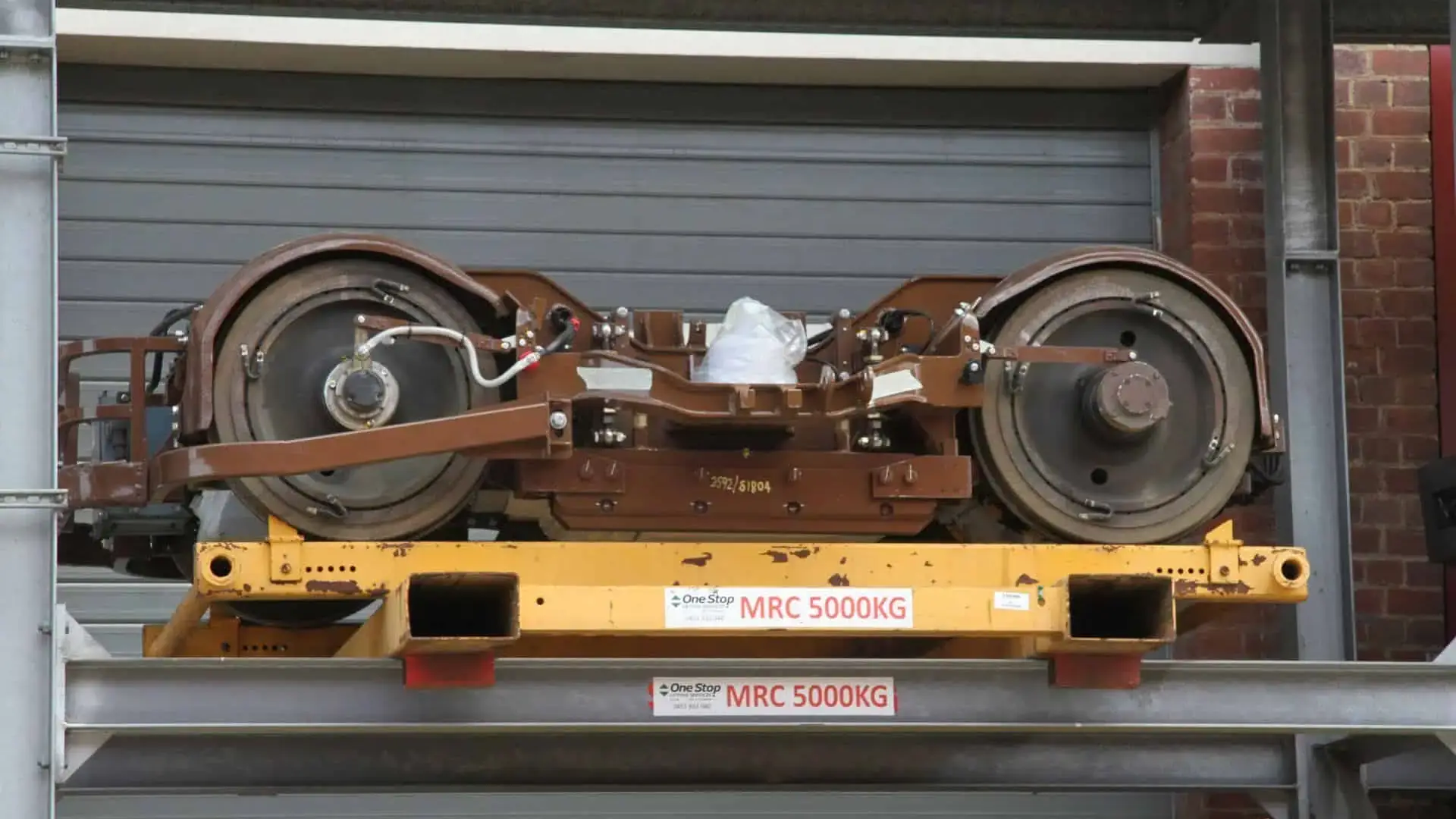 Tram bogie on racking